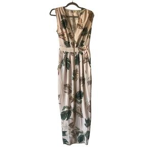 Wildfire Tropical Leaf Print Maxi Dress XS Beige Green Sleeveless Vacation